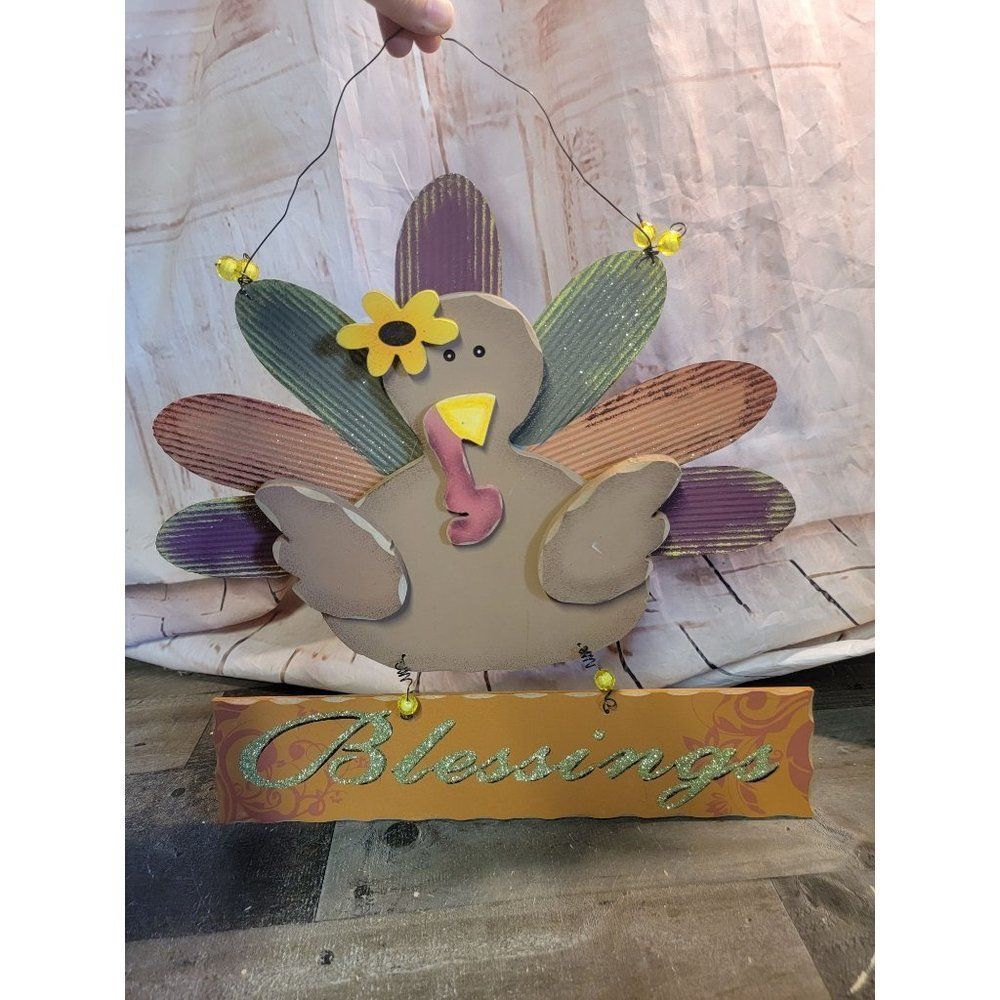 Thanksgiving turkey blessings glitter sign Decor fall flower
